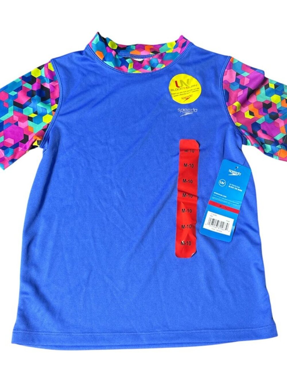 SPEEDO Blue Short-Sleeve Mock Neck Swim Shirt Girl M-10UV Sun Protection Stretch
